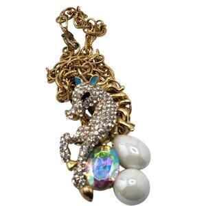 Vintage Unicorn Rhinestone Necklace Gold Tone AB Crystal Pearl Dangle